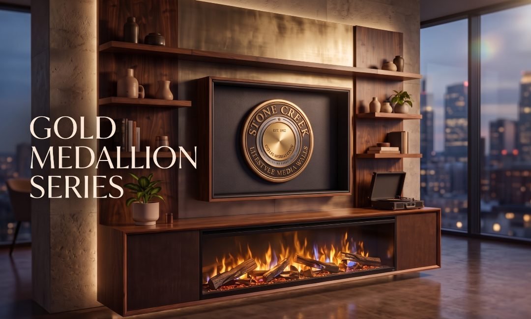 Gold Medallion Series media wall with shelving above a linear fireplace