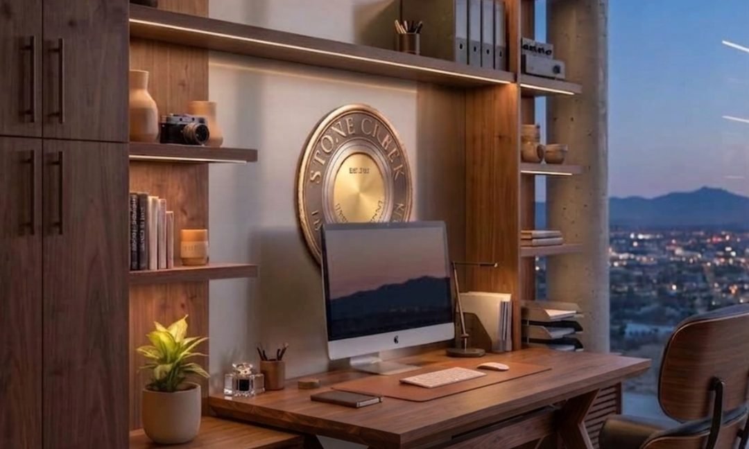 Walnut home office with a built-in desk and shelving beside a window