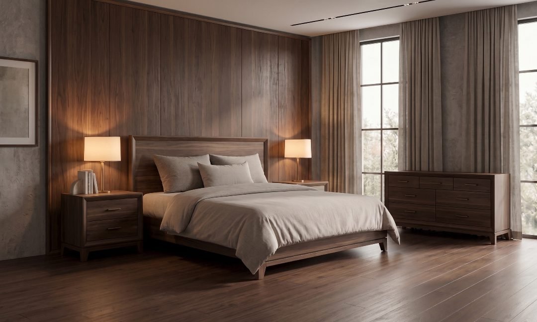 Walnut king bed with two nightstands and a matching dresser