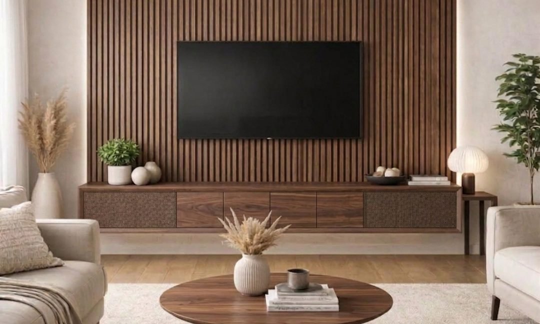 Floating walnut media console below a television on a wood slat wall