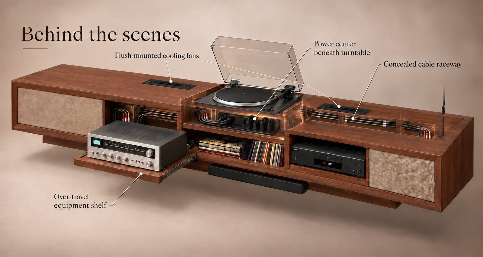 Cutaway of the media console: cooling fans, a power center under the turntable, a hidden cable channel and a pull-out shelf.