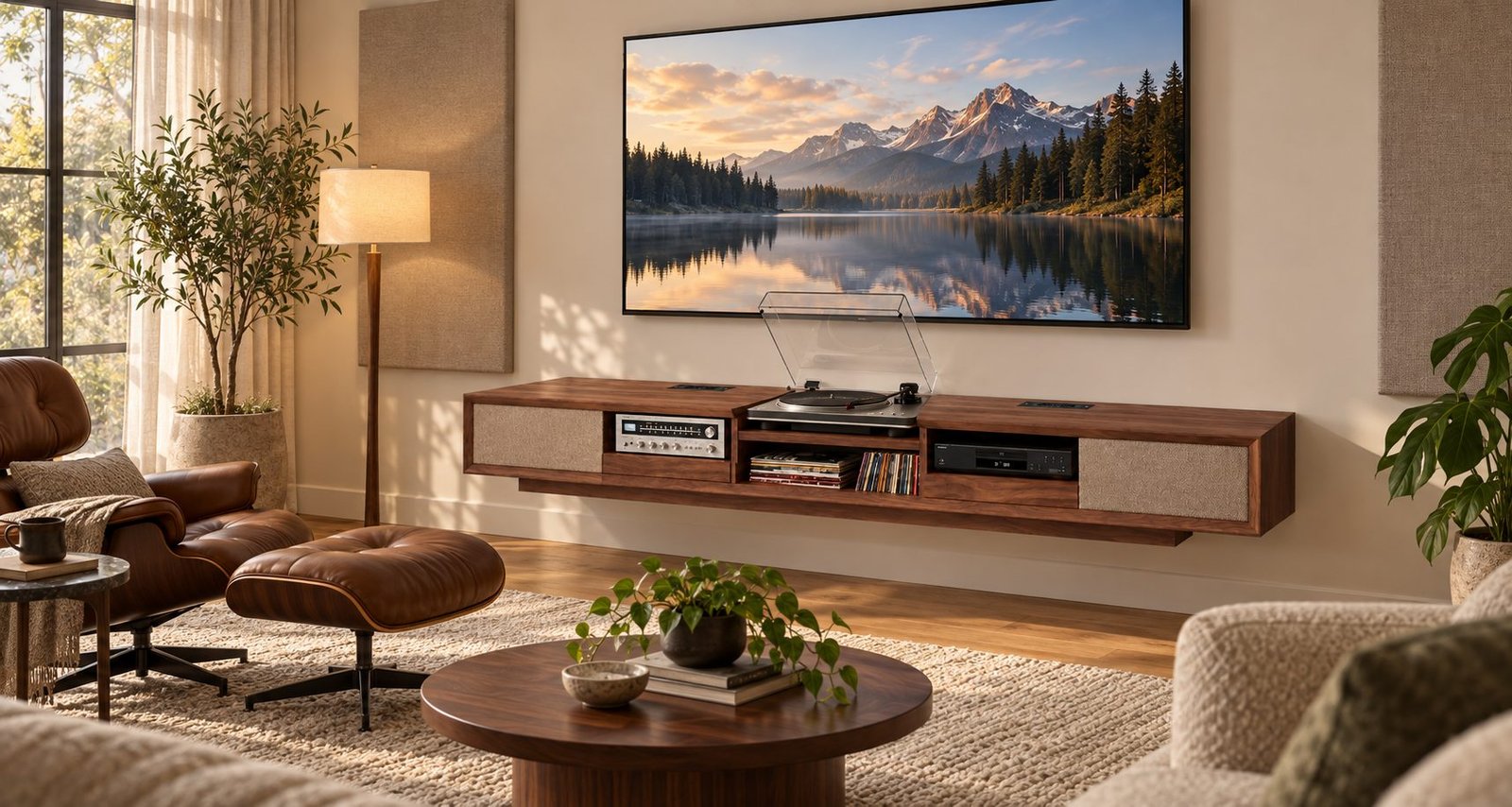 The walnut media console floating under a wall-mounted TV in a living room, with a fabric grille at each end.